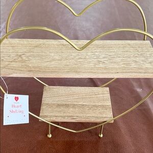 Heart-Shaped Two-Tier Shelf in Gold & Light Wood
